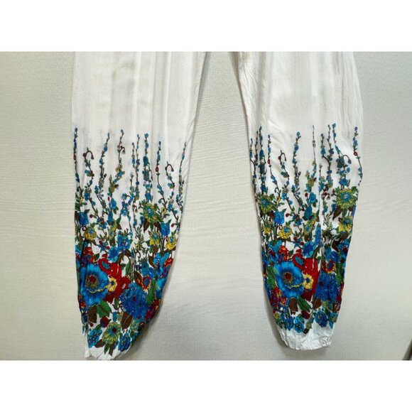 Elepants Women's Boho Harem Hippie Pants Cold Wash White Blue Floral Stretch - Picture 15 of 16